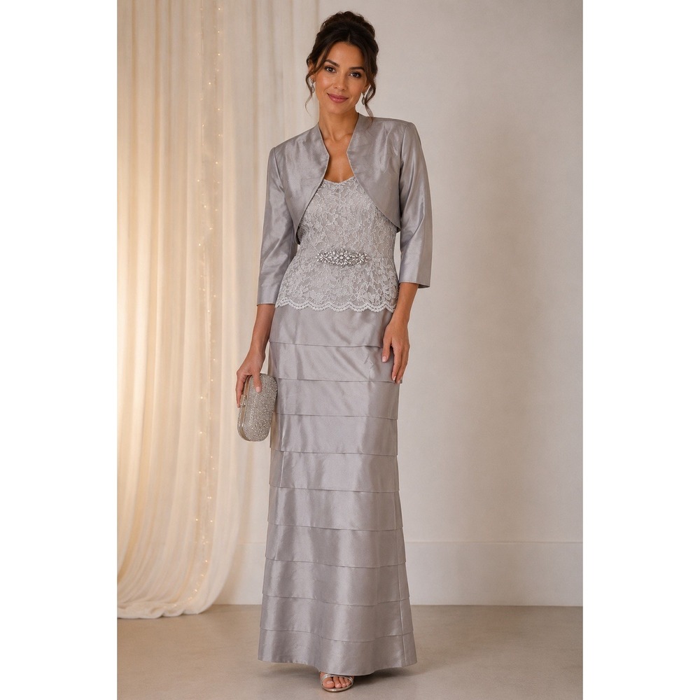 Jessica Howard Tiered Dress Bolero Jacket Silver Gray Grey Waist Jewel Lace 16